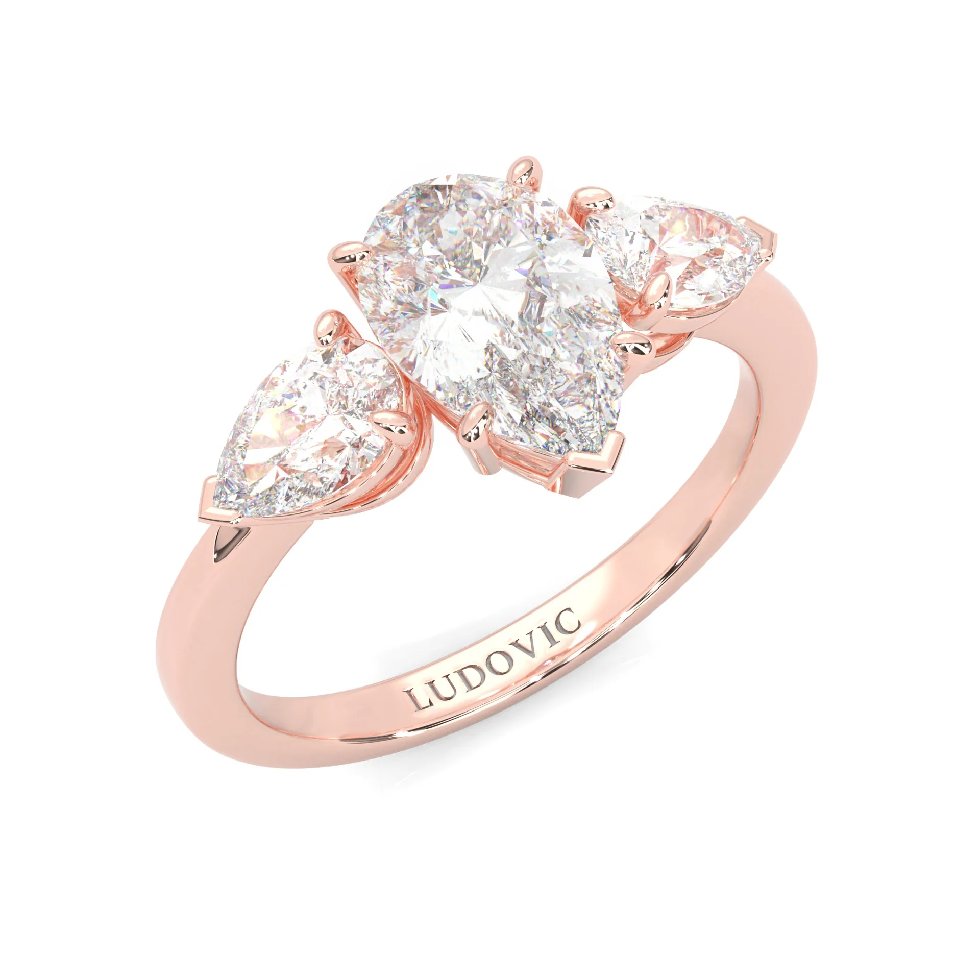 3 Stone Pear Shape Moissanite Engagement Ring ( Rose Gold 14K ) - Image 5
