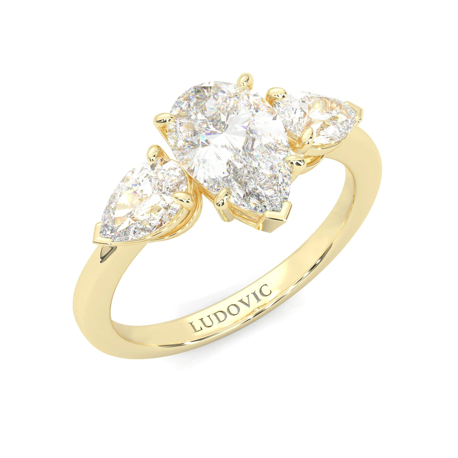 3 Stone Pear Shape Moissanite Engagement Ring ( Yellow Gold 14K ) - Image 5