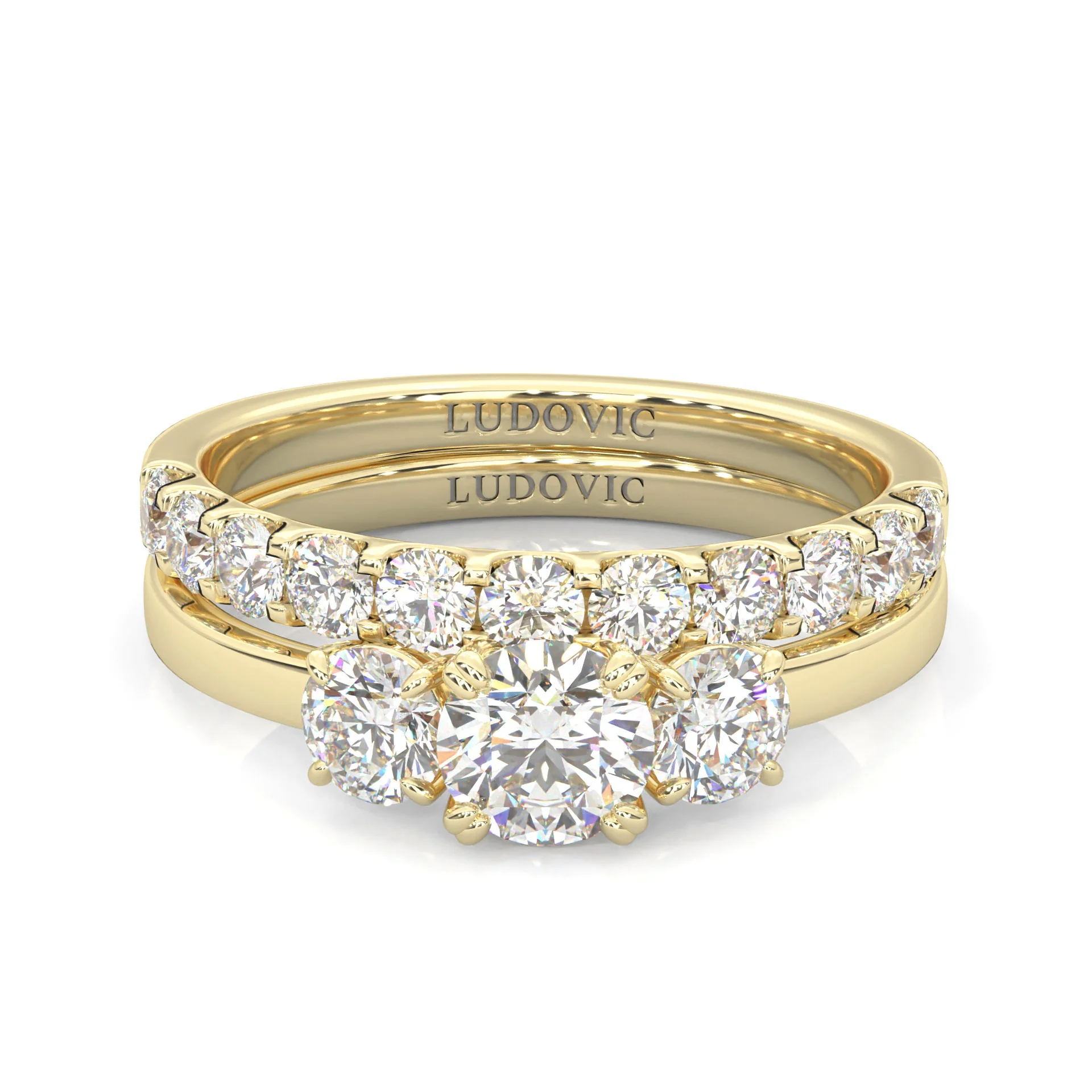Classic Three-Stone Wedding Set (14k Solid Yellow Gold)