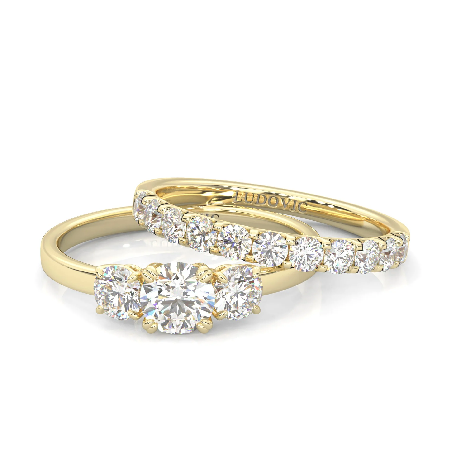 Classic Three-Stone Wedding Set (14k Solid Yellow Gold) - Image 2