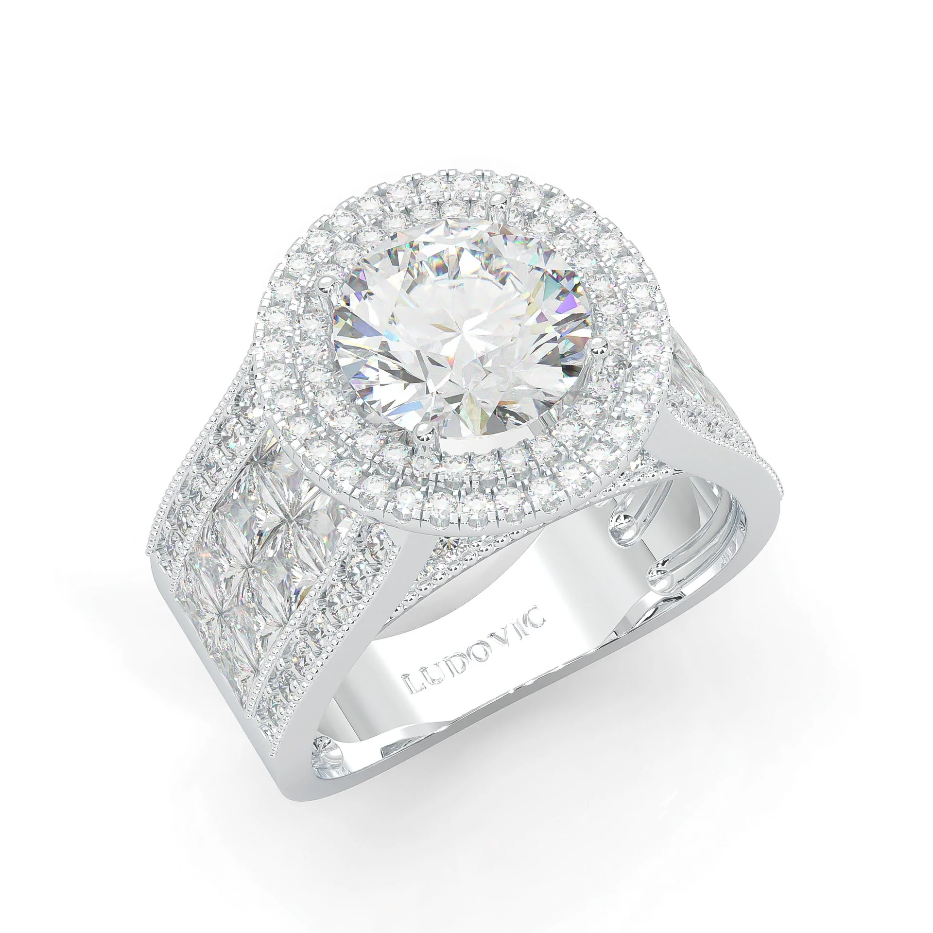 Double Halo Vintage Style Moissanite Cocktail Ring Platinum-Plated Silver - Image 5