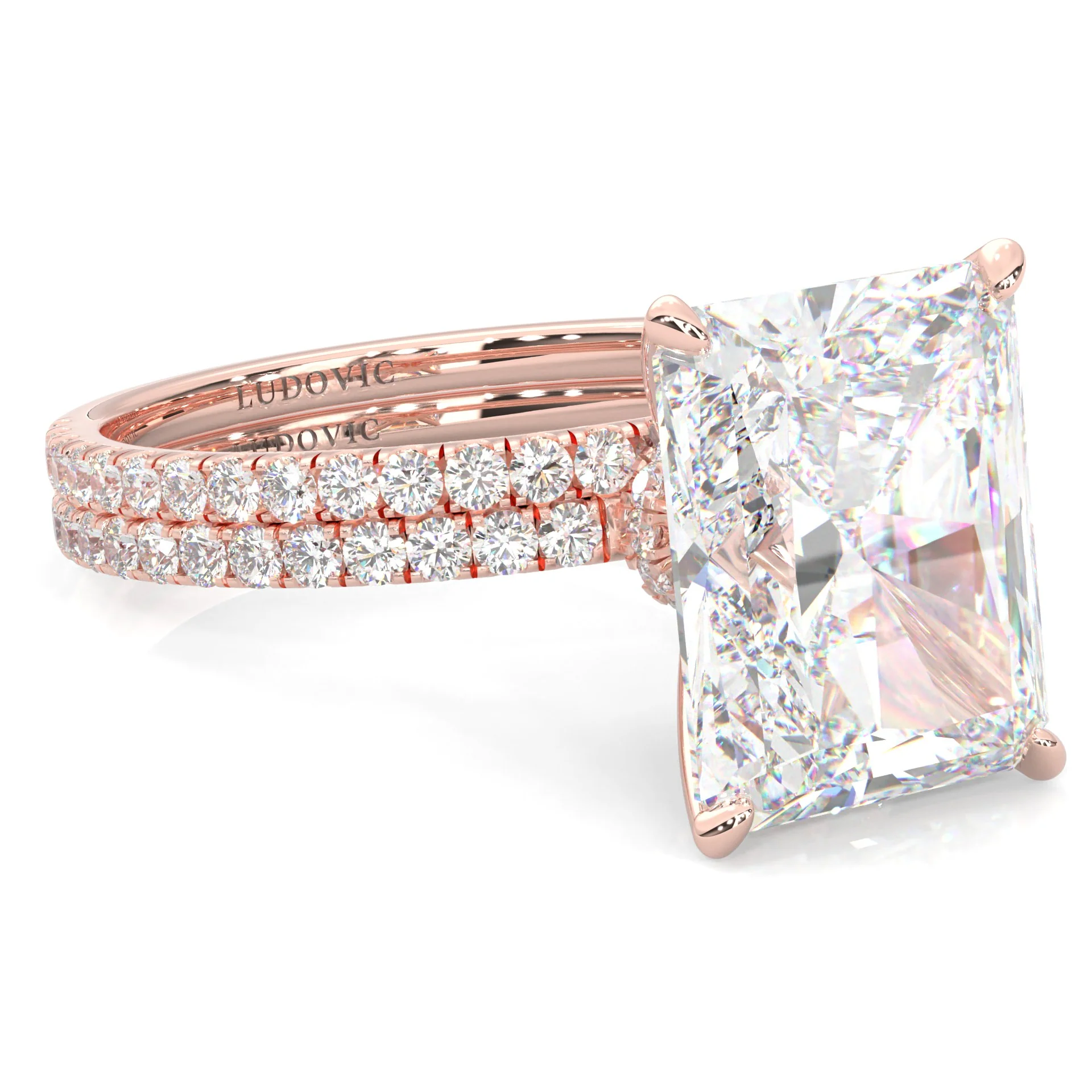 Ludovic Concealed Crown Wedding Set Radiant Cut (14k Solid Rose Gold) - Image 5