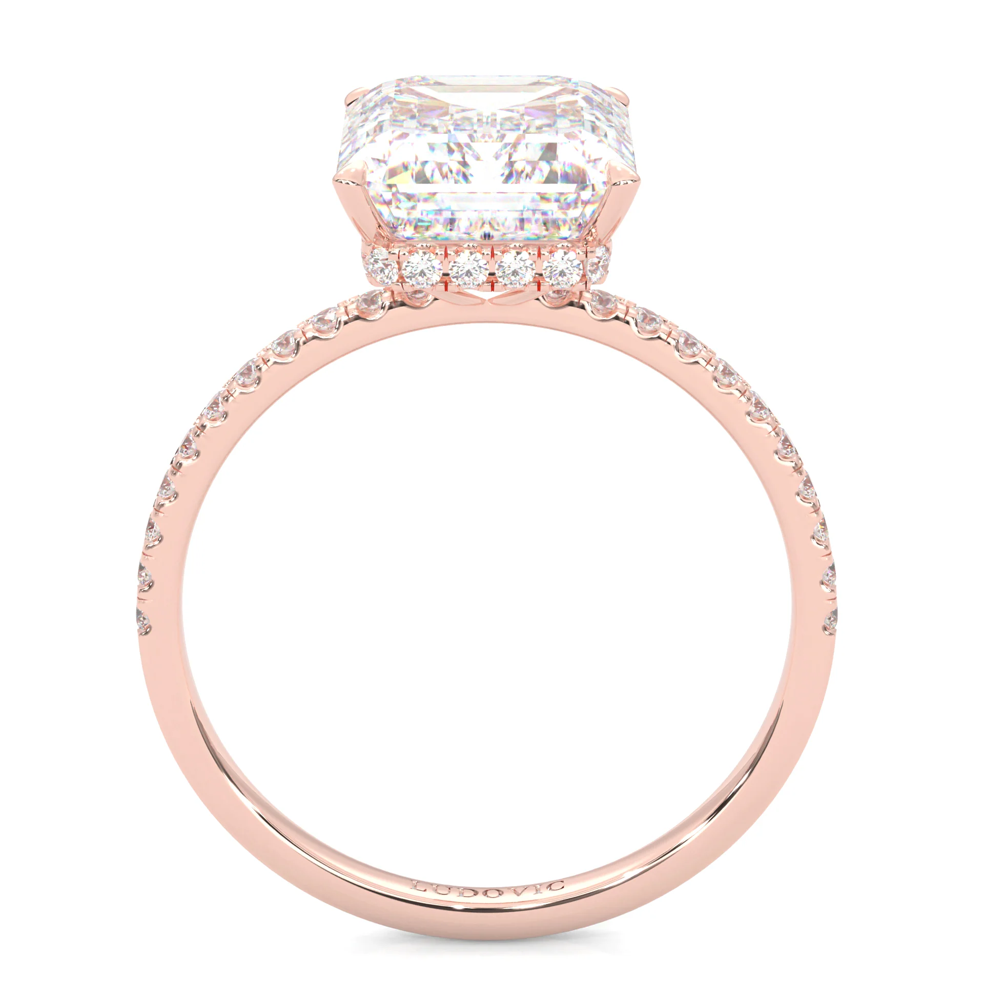 Luxurious Hidden Halo Ludovic Moissanite Ring Emerald-Cut ( Rose Gold 14k ) - Image 4