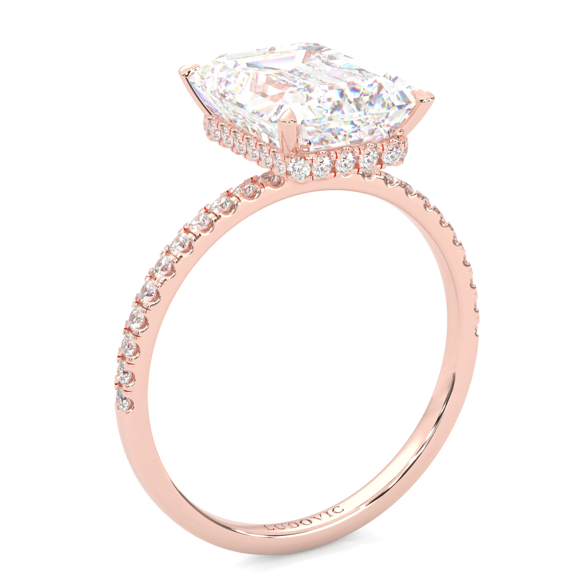 Luxurious Hidden Halo Ludovic Moissanite Ring Emerald-Cut ( Rose Gold 14k ) - Image 5