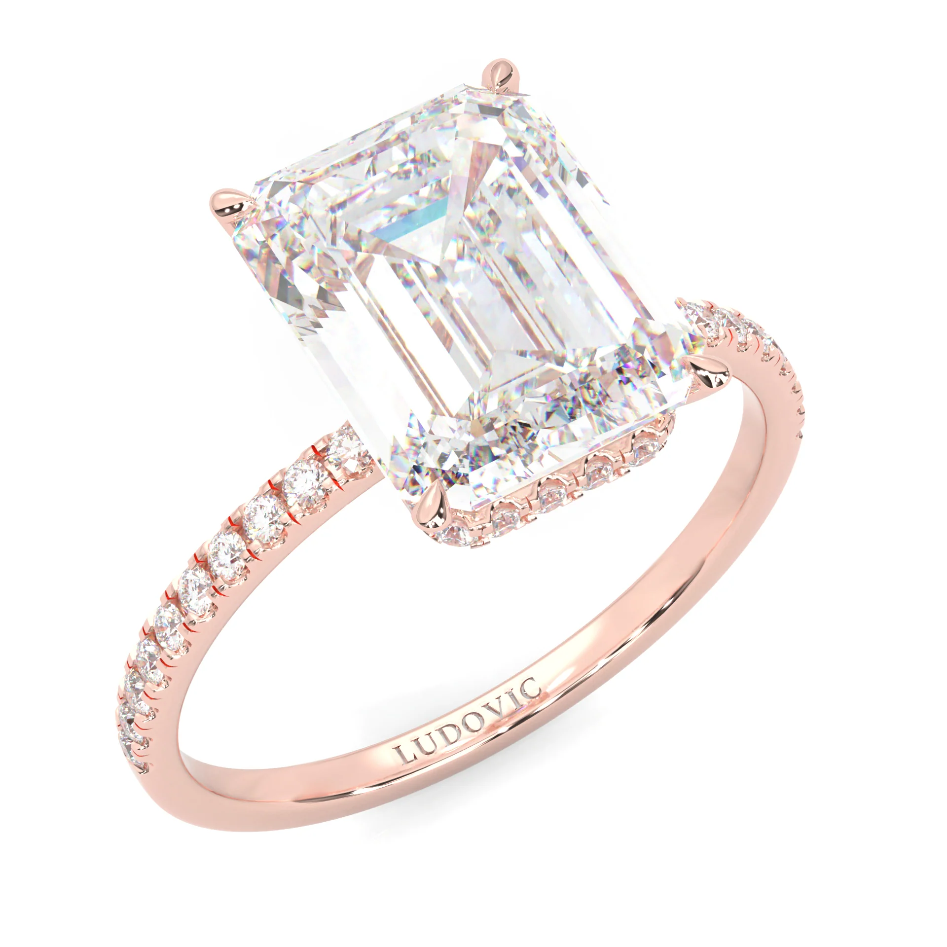 Luxurious Hidden Halo Ludovic Moissanite Ring Emerald-Cut ( Rose Gold 14k ) - Image 6