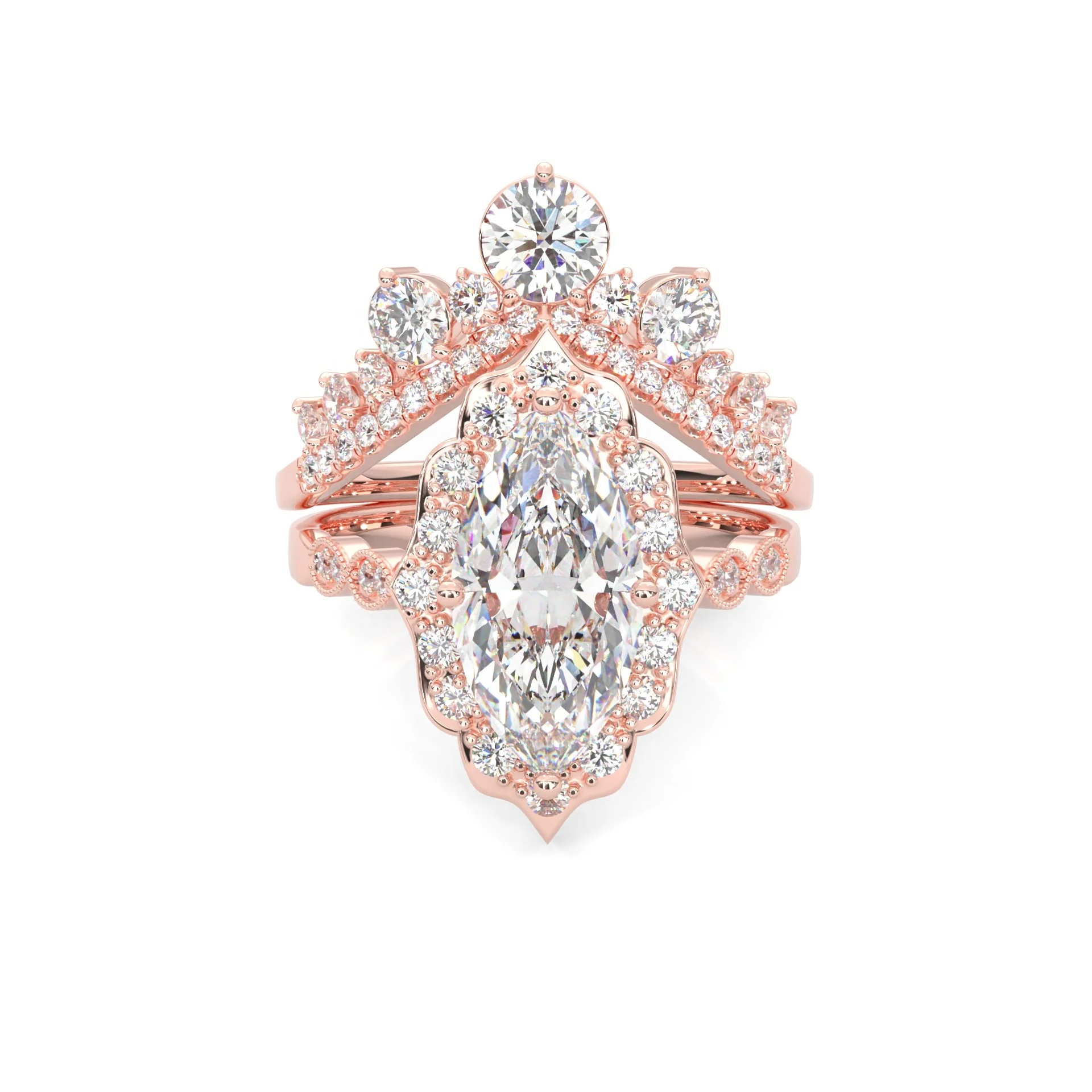 Queen's Crown Moissanite Wedding Set (14k Solid Rose Gold)