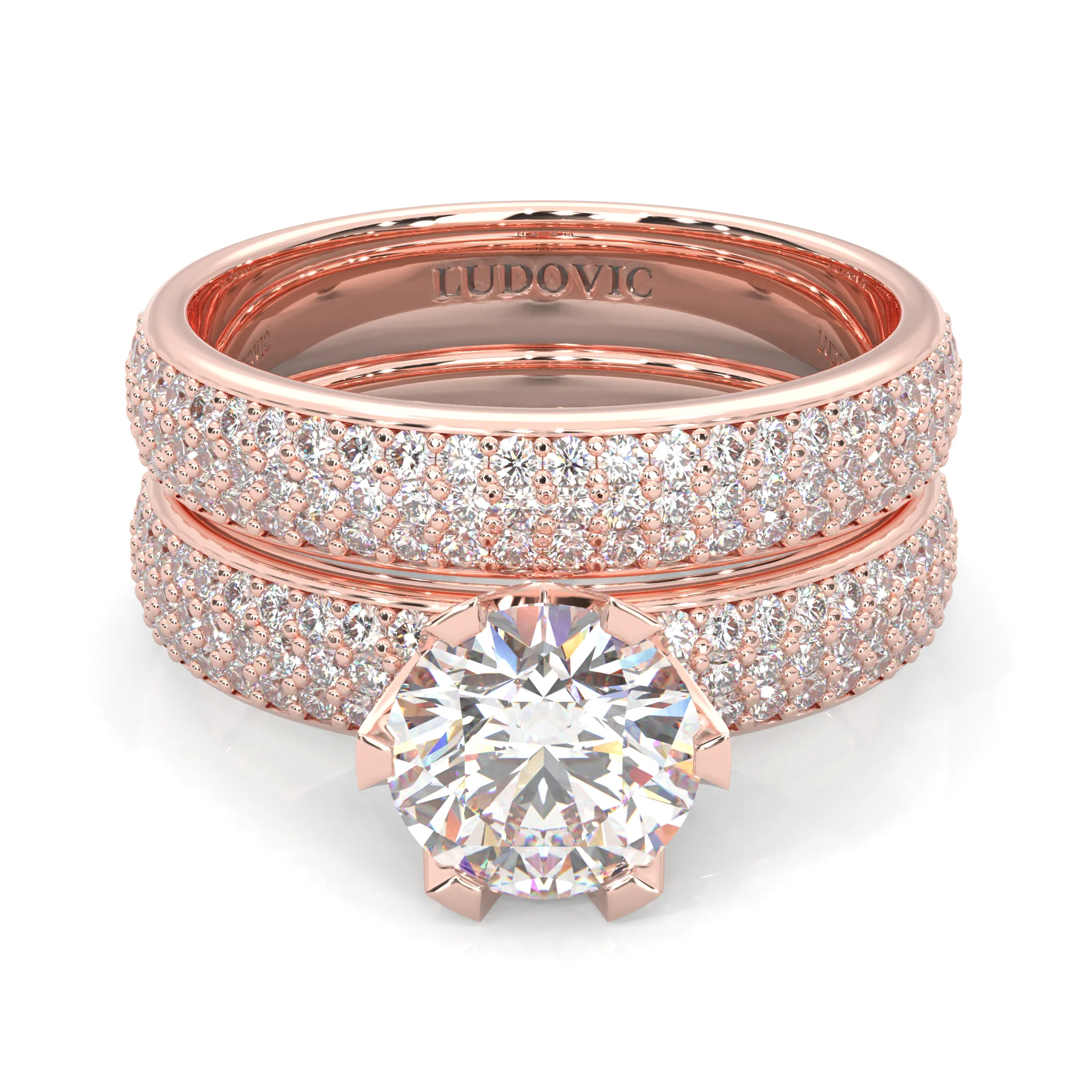 Six Studded Prongs Wedding Set (14k Solid Rose Gold)