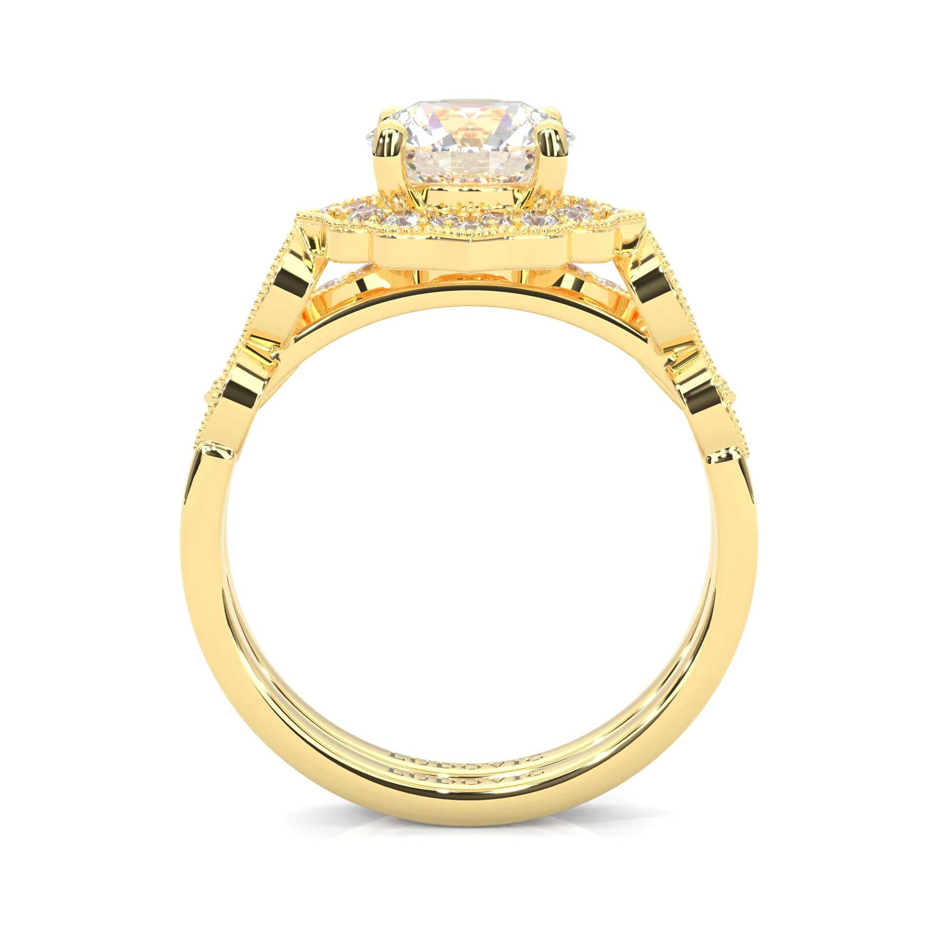 The Antique Halo Moissanite Wedding Set ( Yellow Gold ) - Image 3