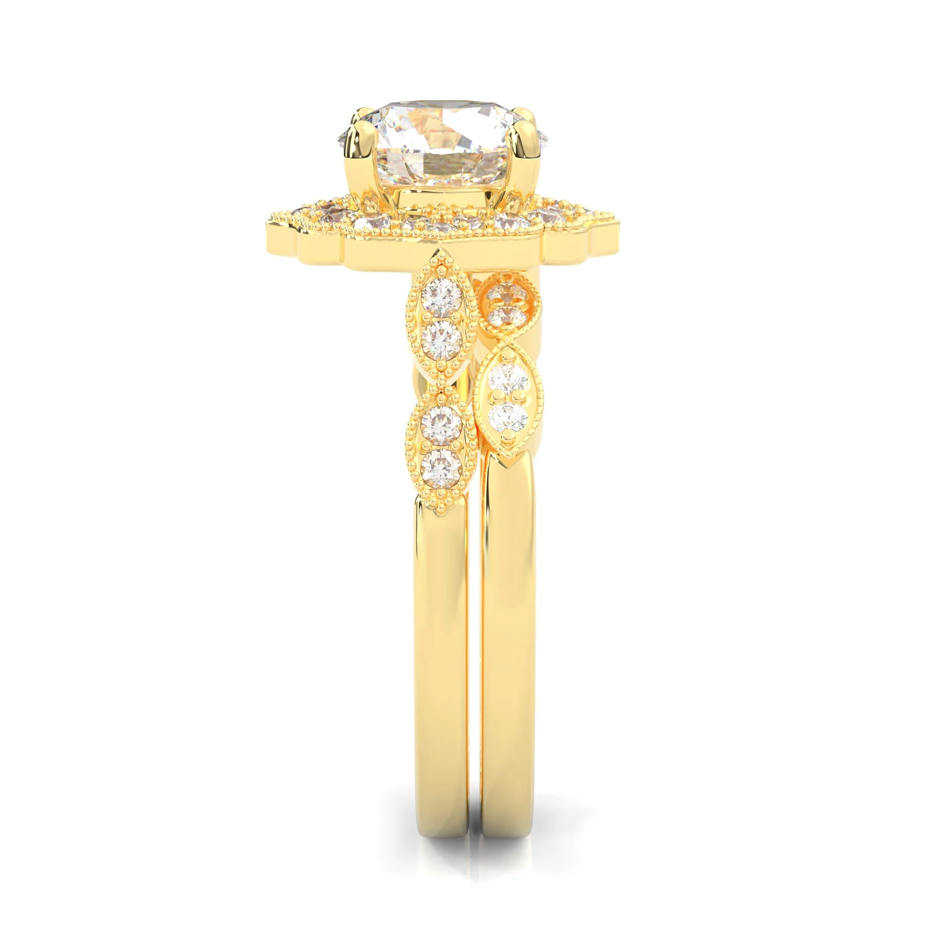 The Antique Halo Moissanite Wedding Set ( Yellow Gold ) - Image 4