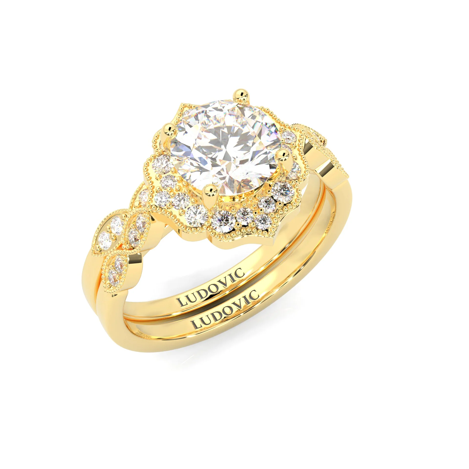 The Antique Halo Moissanite Wedding Set ( Yellow Gold ) - Image 6