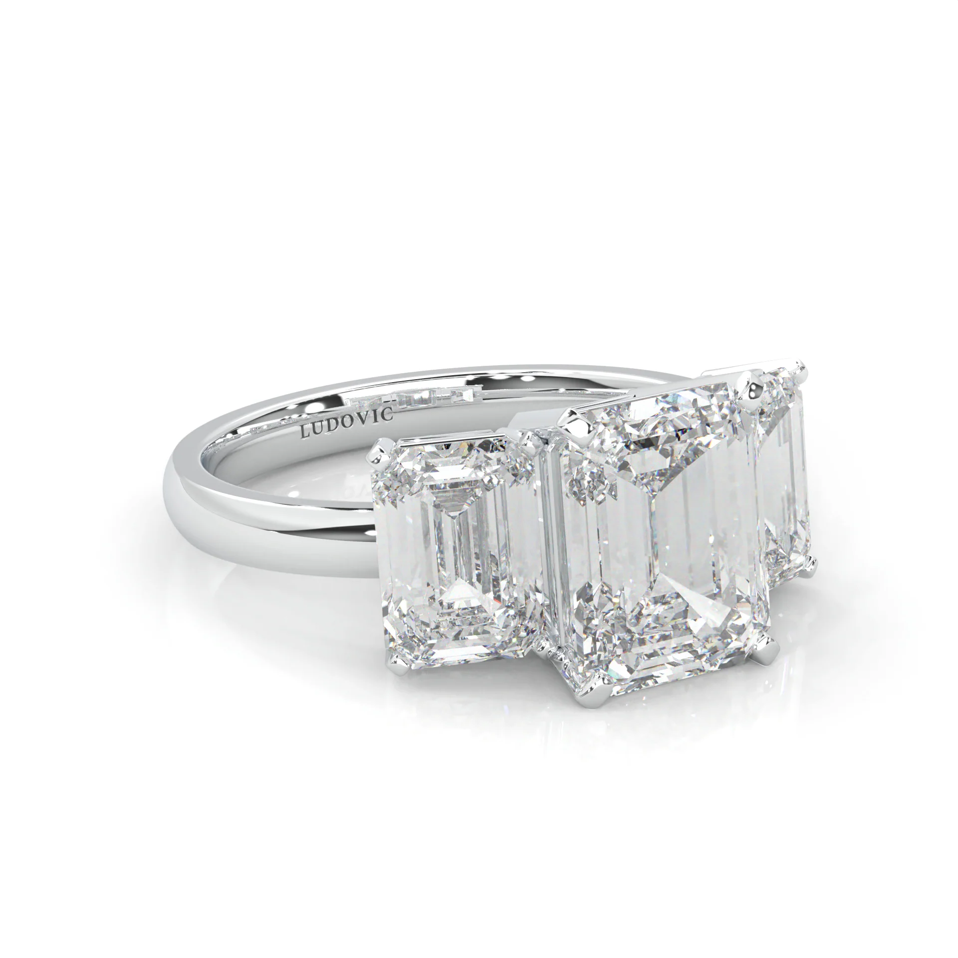 Three Stones Emerald Cut Moissanite Ring (Platinum-Plated Silver) - Image 3