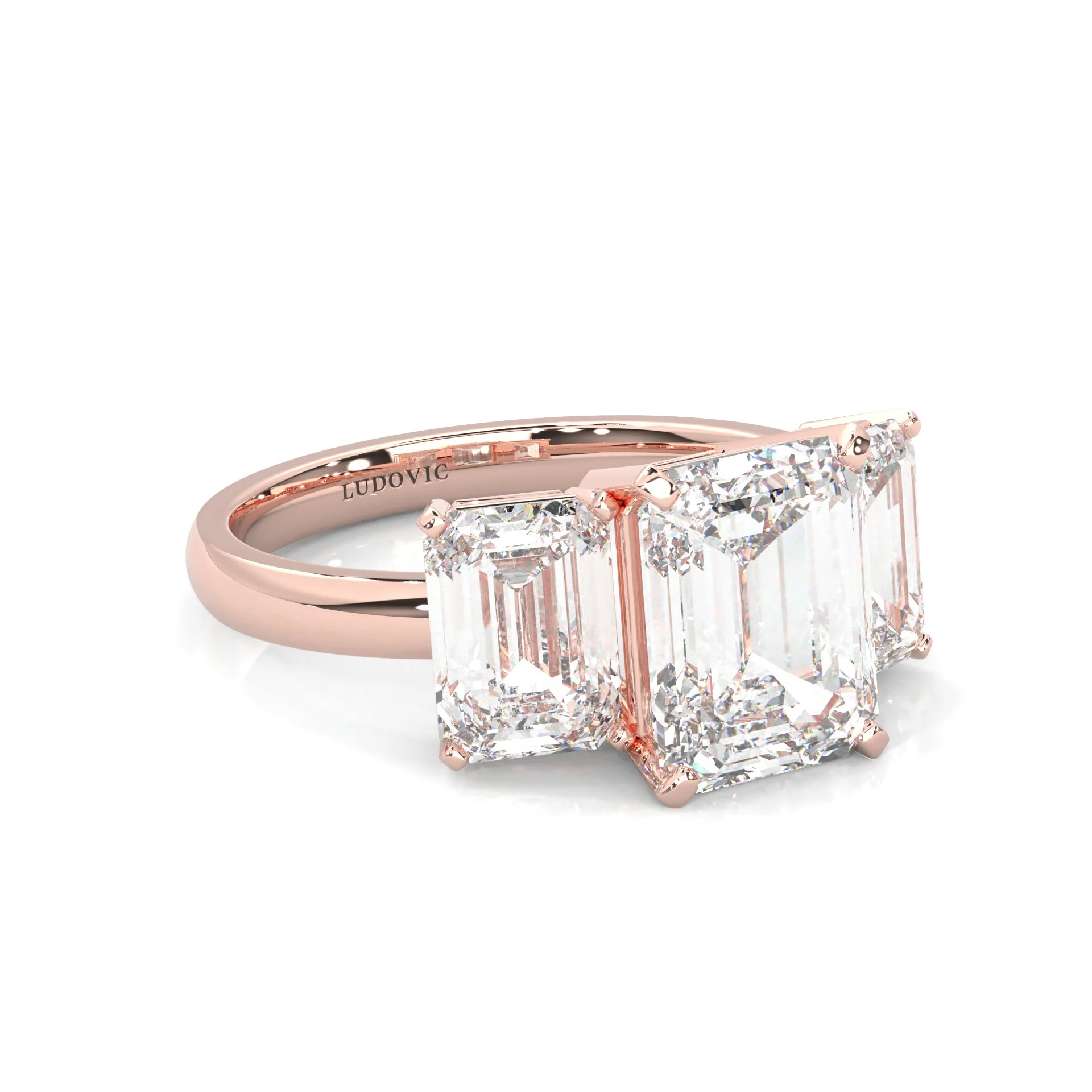 Three Stones Emerald Cut Moissanite Engagement Ring ( Rose Gold ) - Image 3