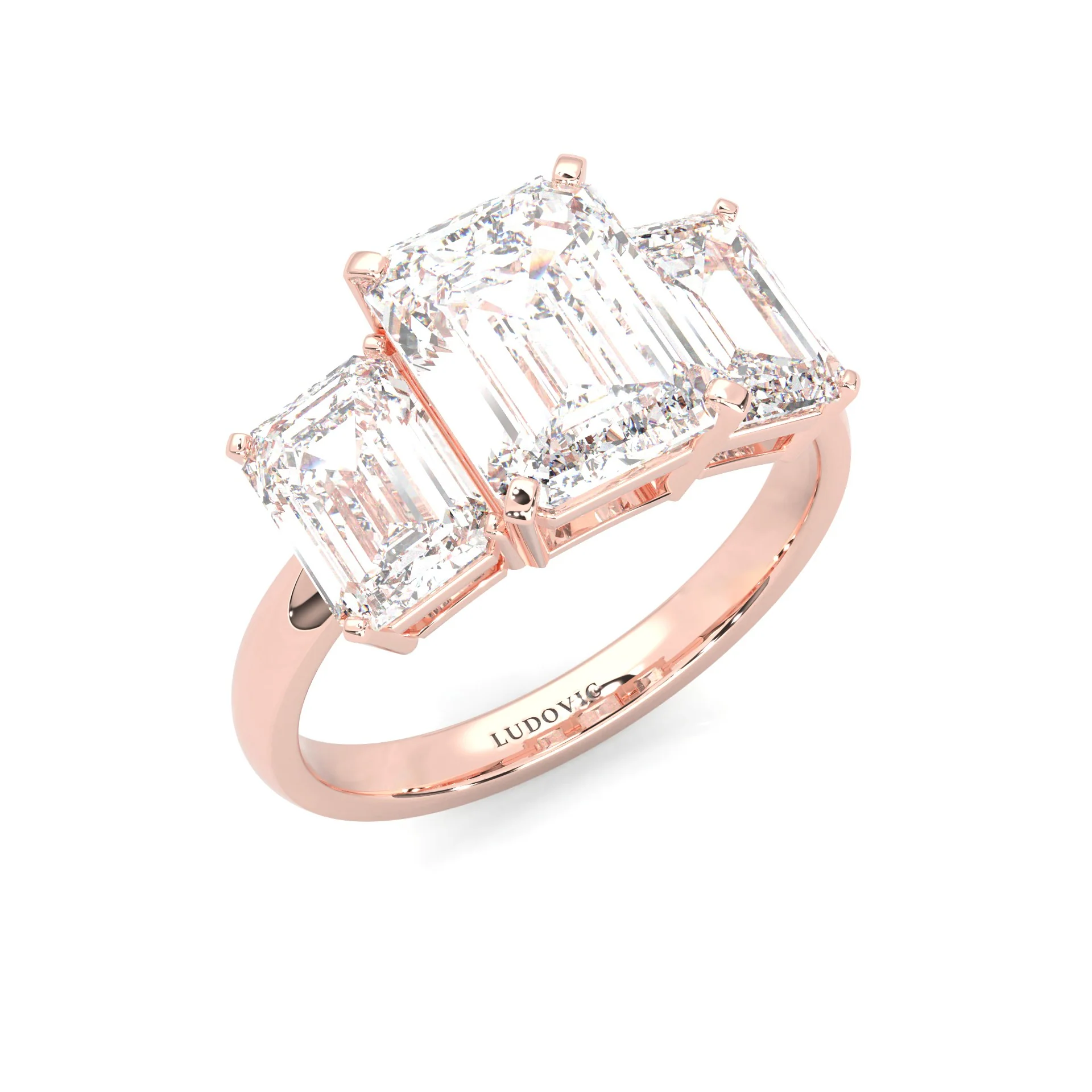 Three Stones Emerald Cut Moissanite Engagement Ring ( Rose Gold ) - Image 6