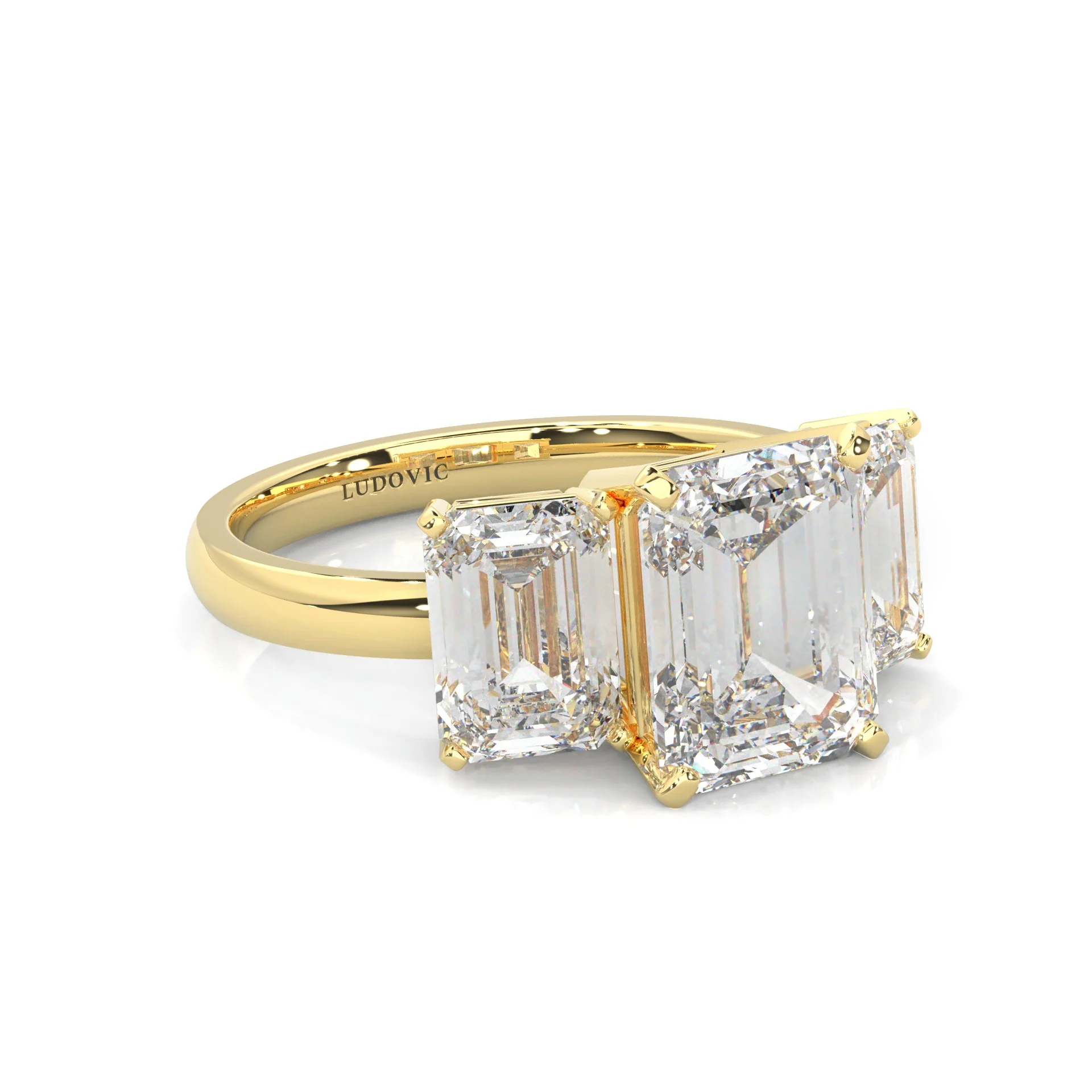 Three Stones Emerald Cut Moissanite Engagement Ring ( Yellow Gold 14K ) - Image 3