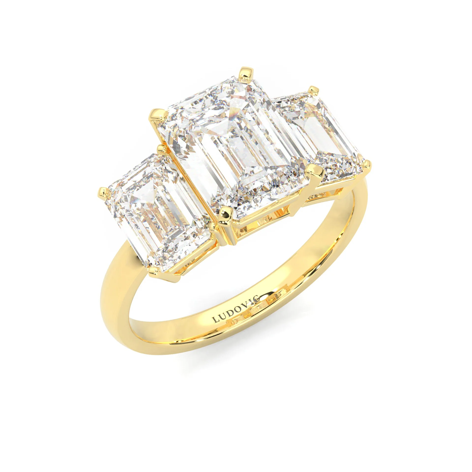 Three Stones Emerald Cut Moissanite Engagement Ring ( Yellow Gold 14K ) - Image 6
